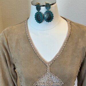 Womens Faux Suede and Crochet Light Tan Top Size M